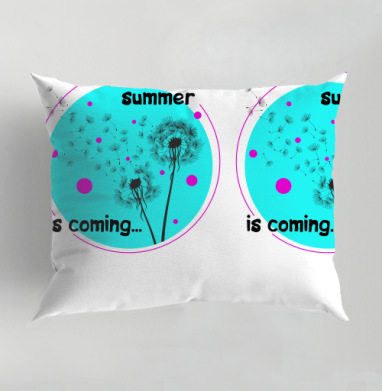 Символ летней свежести с одуванчиками и голубым кругом summer is coming, Подушка декоративная 50х70 см