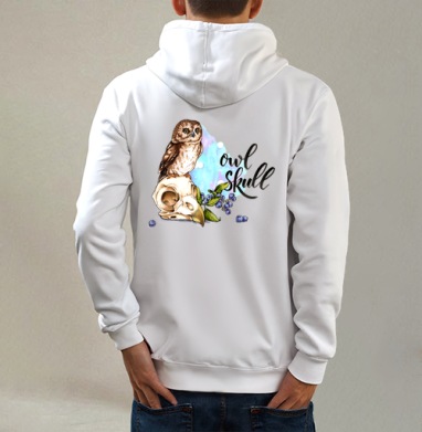 Owl skull / Череп совы, Толстовка на молнии, печать на спине. муж. белая v3 320гр