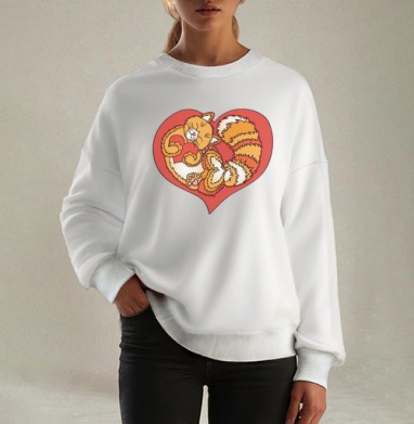 Рыжая кошка в красном сердце – уют и тепло, Свитшот оверсайз белый женский