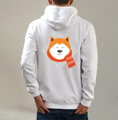 Собачка с шарфом, Толстовка на молнии, печать на спине. муж. белая v3 320гр