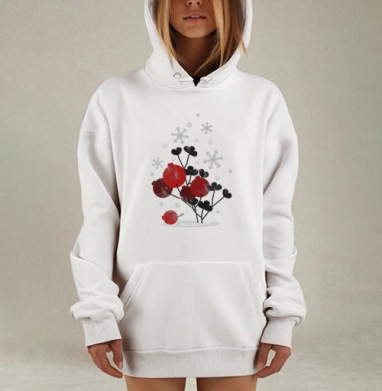 Красные ягоды ветви в зимние снежинки покоя, Hoodie Mjhigh Dig, оверсайз, утепленная