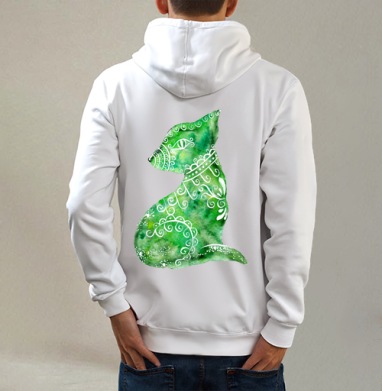 Акварельная кошка, Толстовка на молнии, печать на спине. муж. белая v3 320гр