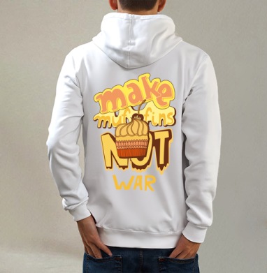 Футболка с принтом Make Muffins Not War, Толстовка на молнии, печать на спине. муж. белая v3 320гр
