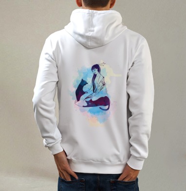 Грациозная девушка с мудрыми котами в восточном стиле, Толстовка на молнии, печать на спине. муж. белая v3 320гр