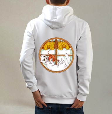 Кошка на окошке, Толстовка на молнии, печать на спине. муж. белая v3 320гр