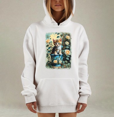 Котёнок в цветочном горшке среди роз котёнок в горшке, Hoodie Mjhigh Dig, оверсайз, утепленная