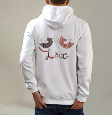 Love birds / Неразлучники, Толстовка на молнии, печать на спине. муж. белая v3 320гр