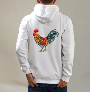 Петух, Толстовка на молнии, печать на спине. муж. белая v3 320гр