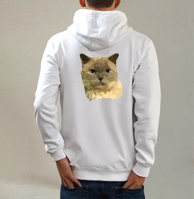 Полигональный кот, Толстовка на молнии, печать на спине. муж. белая v3 320гр