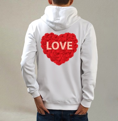 Красное сердце из роз с надписью LOVE, Толстовка на молнии, печать на спине. муж. белая v3 320гр