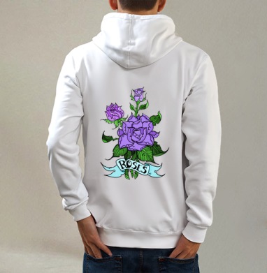 Букет фиолетовых роз в стиле татуировки Old School, Толстовка на молнии, печать на спине. муж. белая v3 320гр