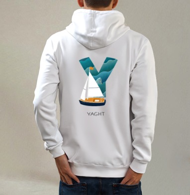 Yacht, буква Y из Живой Азбуки, Толстовка на молнии, печать на спине. муж. белая v3 320гр