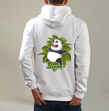 Радостная панда в прыжке / Joyful Panda HAPPINESS Счастье Радость, Толстовка на молнии, печать на спине. муж. белая v3 320гр