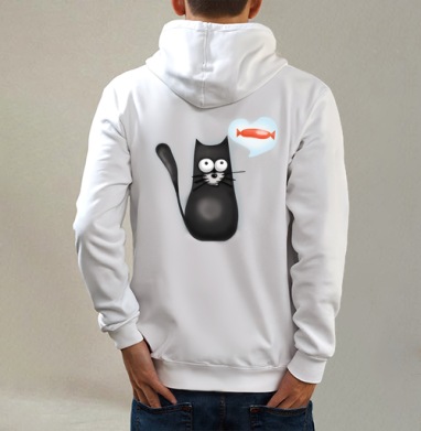Кот-мечтатель, Толстовка на молнии, печать на спине. муж. белая v3 320гр