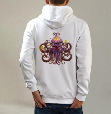 Surreal Octopus / Сюрреалистичный осьминог дружелюбного хаоса трикстер, Толстовка на молнии, печать на спине. муж. белая v3 320гр
