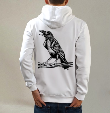 Raven / Ворон, Толстовка на молнии, печать на спине. муж. белая v3 320гр