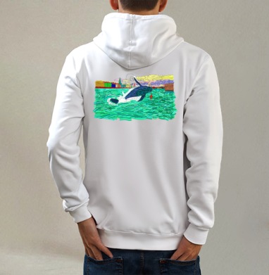 Whale / Кит, Толстовка на молнии, печать на спине. муж. белая v3 320гр