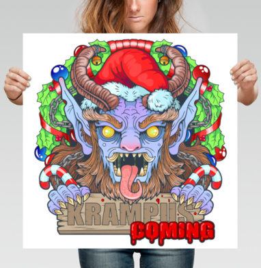 Яркий принт Крампус с надписью «KRAMPUS IS COMING» - Поcтер квадратный 50x50 см