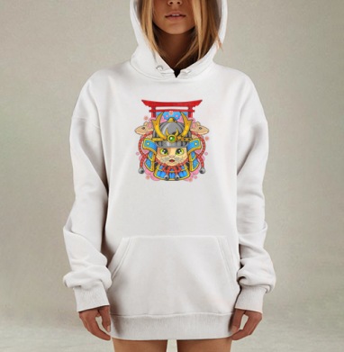 Забавный кот в самурайских доспехах с крысам весенним настроением, Hoodie Mjhigh Dig, оверсайз, утепленная