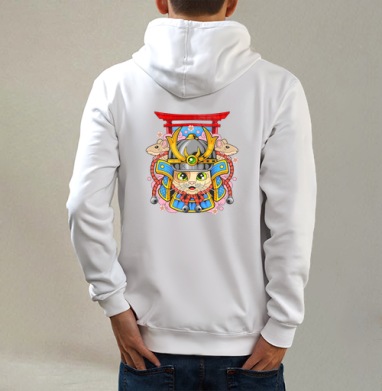 Забавный кот в самурайских доспехах с крысам весенним настроением, Толстовка на молнии, печать на спине. муж. белая v3 320гр