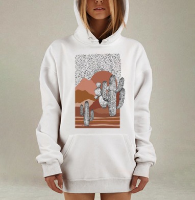 Кактусы на фоне гор и солнца в пустыне его путь, Hoodie Mjhigh Dig, оверсайз, утепленная