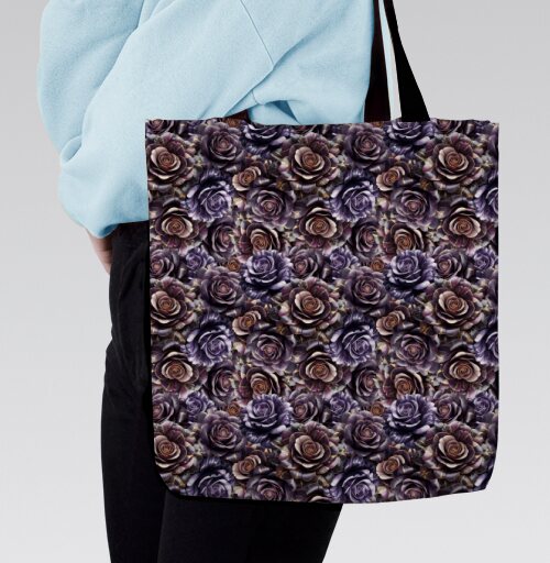 Purple Rose Pattern – Темно-фиолетовые розы создают изысканный цветочный паттерн, Сумка с ручкой и внутренним карманом на молнии