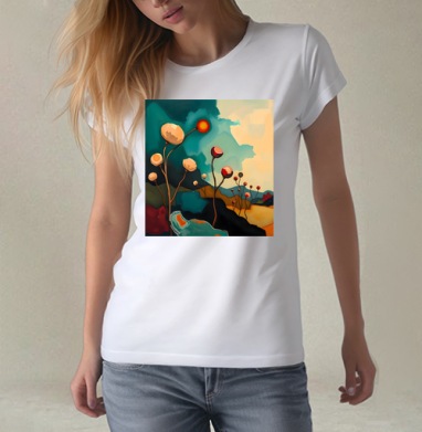 Surreal Flower Garden Абстрактные цветы тянутся к сияющему теплому солнцу, Футболка женская белая 180гр