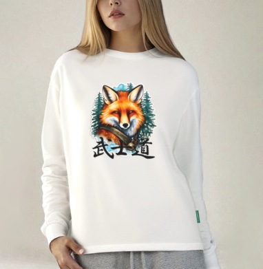 Портрет Лисы-Самурая в стиле Sticker Art, Футболка лонгслив женская белая