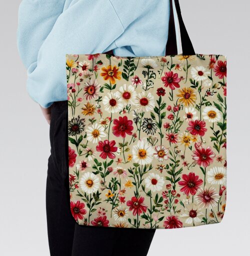 Vintage Wildflower Meadow Garden Pattern / Винтажный луг садовый полевые цветы, Сумка с ручкой и внутренним карманом на молнии