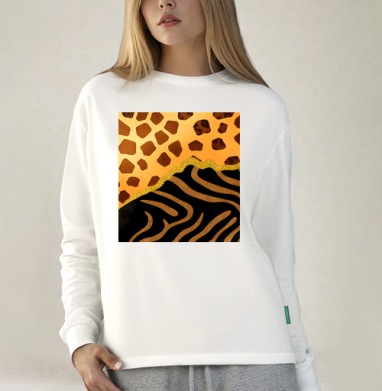 Golden animal print / Золотой анималистичный паттерн зебры и жирафа, Футболка лонгслив женская белая
