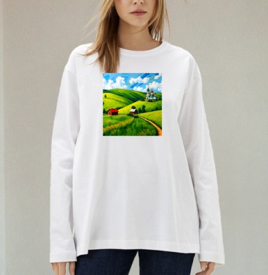 Village Summer Landscape - Летний сельский пейзаж с золотыми куполами церкви, Футболка лонгслив женская белая