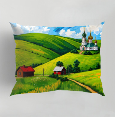 Village Summer Landscape - Летний сельский пейзаж с золотыми куполами церкви, Подушка декоративная 50х70 см