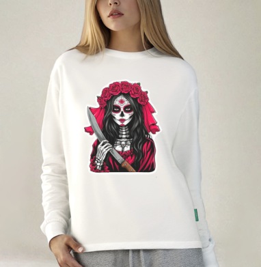 Мстительная невеста Santa Muerte с ножом, Футболка лонгслив женская белая