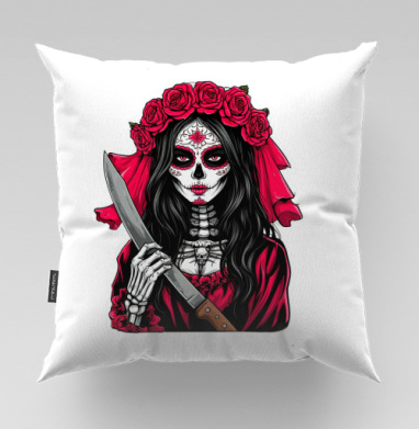 Мстительная невеста Santa Muerte с ножом, Подушка велюр плюшевая 45х45