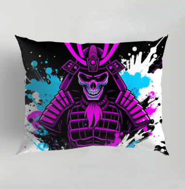 Neon Cyber Samurai Warrior / Самурай Череп в ярких брызгах краски, Подушка декоративная 50х70 см