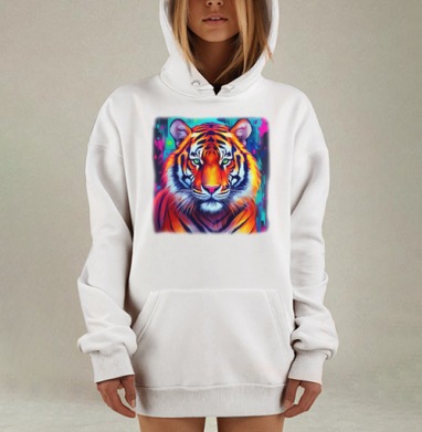 Мощный оранжевый тигр в ярких неоновых оттенках, Hoodie Mjhigh Dig, оверсайз, утепленная