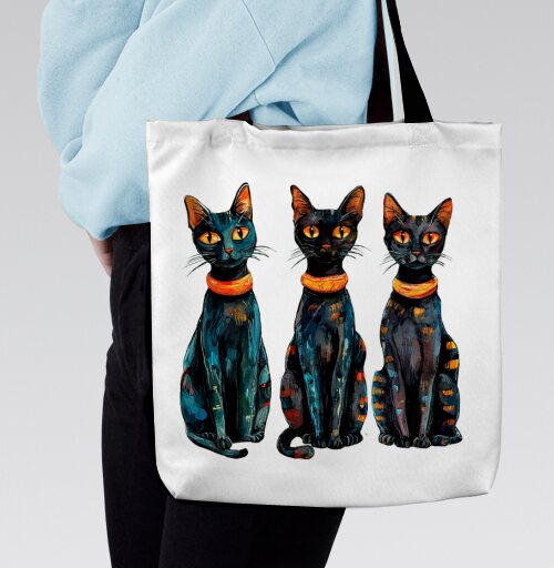 Три черных кота с оранжевыми глазами / Three Black Cats with Orange Eyes, Сумка с ручкой и внутренним карманом на молнии