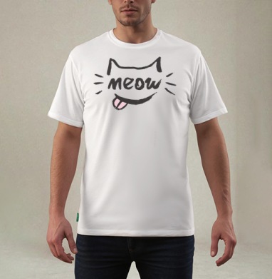 Игривый кот с надписью meow и высунутым язычком, Футболка мужская REGULAR белая