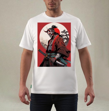 Warrior Demon in Traditional Kimono / Воин демон самурай в маске, Футболка мужская REGULAR белая