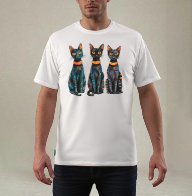Три черных кота с оранжевыми глазами / Three Black Cats with Orange Eyes, Футболка мужская REGULAR белая