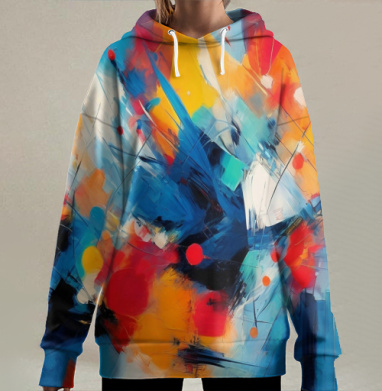Динамичная абстракция энергии красного оранжевого синего, Hoodie Long Oversize 3D