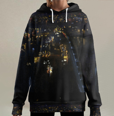 Ночной город с огнями и тенями на темном фоне, Hoodie Long Oversize 3D