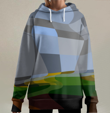 Абстрактный пейзаж со строениями отражает мир вокруг нас, Hoodie Long Oversize 3D