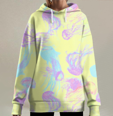 Медузы в нежных пастельных тонах на желтом фоне, Hoodie Long Oversize 3D