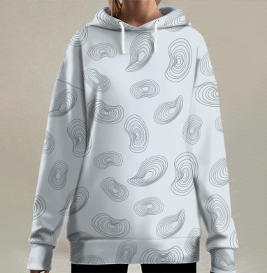 Абстрактные волнообразные линии на светло голубом фоне, Hoodie Long Oversize 3D