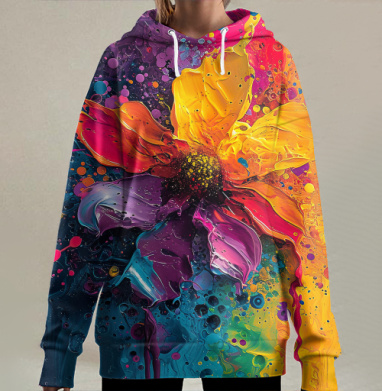 Яркий цветок флюид арт для одежды, Hoodie Long Oversize 3D