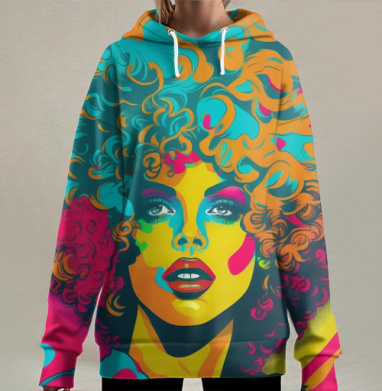 Яркая девушка с Афро кудри в красочных оттенках, Hoodie Long Oversize 3D