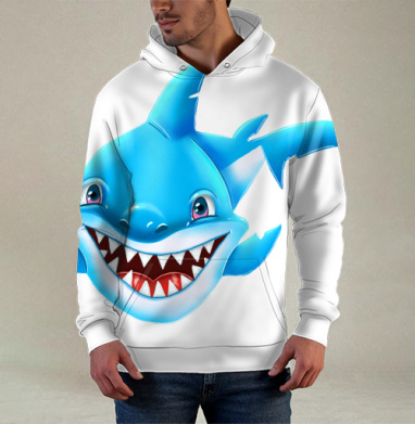 Жизнерадостный морской хищник мультяшная синяя акула Smiling Blue Shark, Худи / Мужская / С карманом / 3D