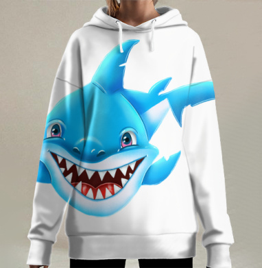 Жизнерадостный морской хищник мультяшная синяя акула Smiling Blue Shark, Hoodie Long Oversize 3D