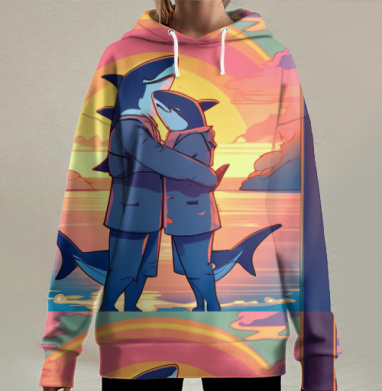 акулы обнимаются на закате нежность единение теплота, Hoodie Long Oversize 3D